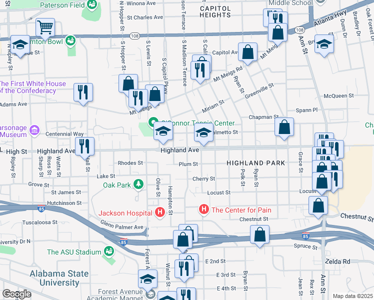 map of restaurants, bars, coffee shops, grocery stores, and more near Putnam Street in Montgomery