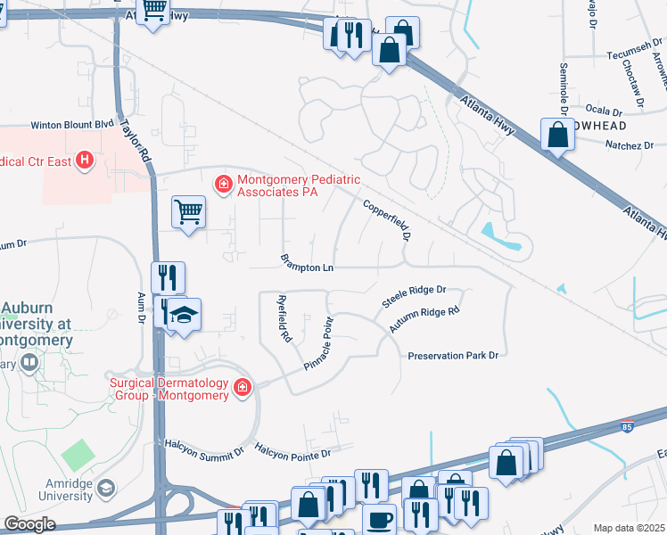 map of restaurants, bars, coffee shops, grocery stores, and more near 7411 Brampton Lane in Montgomery