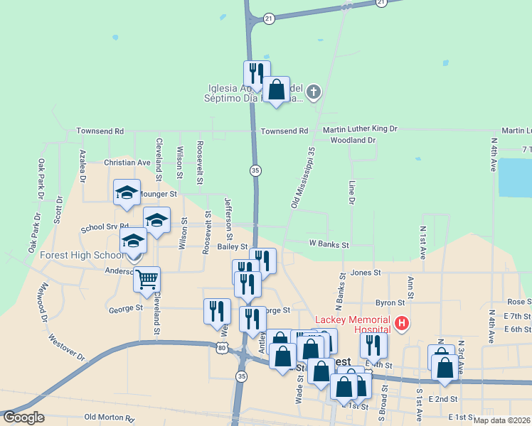 map of restaurants, bars, coffee shops, grocery stores, and more near 4006 Mississippi 35 in Forest
