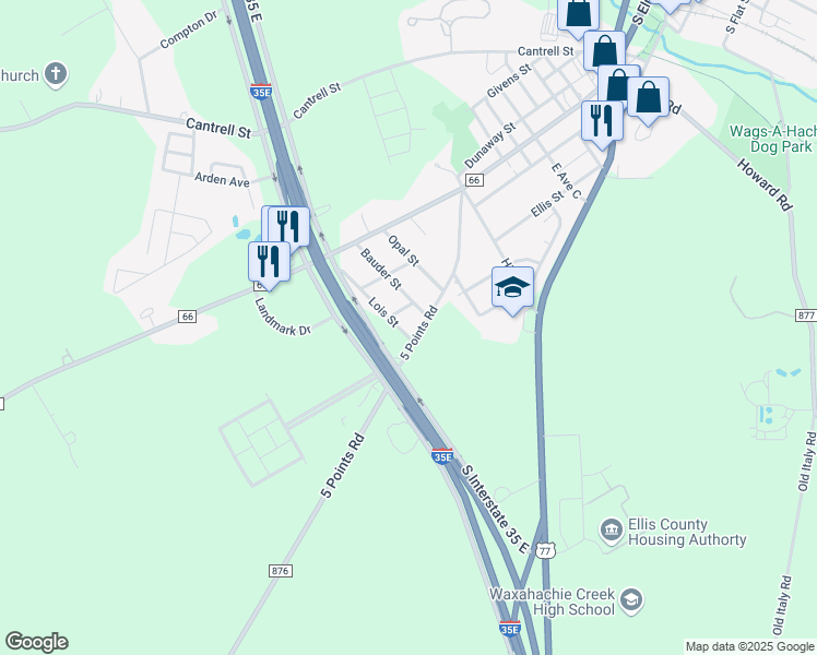 map of restaurants, bars, coffee shops, grocery stores, and more near 325 Lois Street in Waxahachie