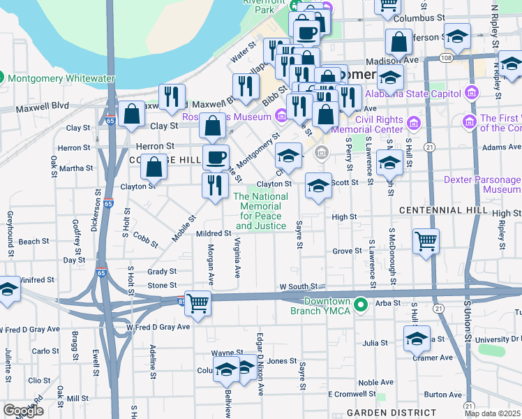 map of restaurants, bars, coffee shops, grocery stores, and more near 417 Caroline Street in Montgomery
