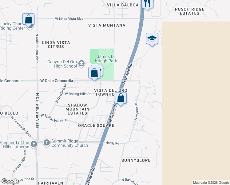 map of restaurants, bars, coffee shops, grocery stores, and more near 9095 North Oracle Road in Oro Valley