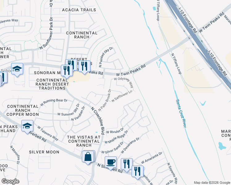 map of restaurants, bars, coffee shops, grocery stores, and more near 9070 North Safflower Lane in Tucson