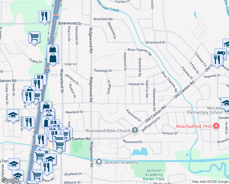 map of restaurants, bars, coffee shops, grocery stores, and more near 5345 Canton Heights Drive in Jackson