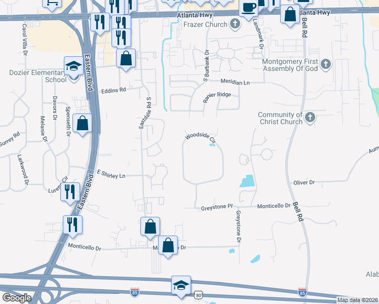 map of restaurants, bars, coffee shops, grocery stores, and more near 5493 Woodside Circle in Montgomery