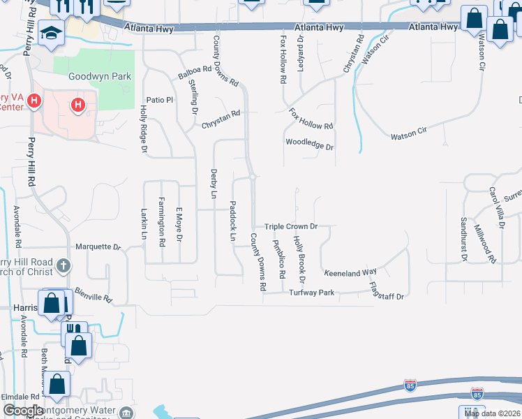 map of restaurants, bars, coffee shops, grocery stores, and more near 4607 Triple Crown Drive in Montgomery