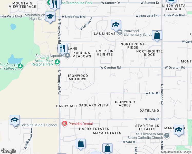 map of restaurants, bars, coffee shops, grocery stores, and more near 9124 North Jessy Lane in Tucson