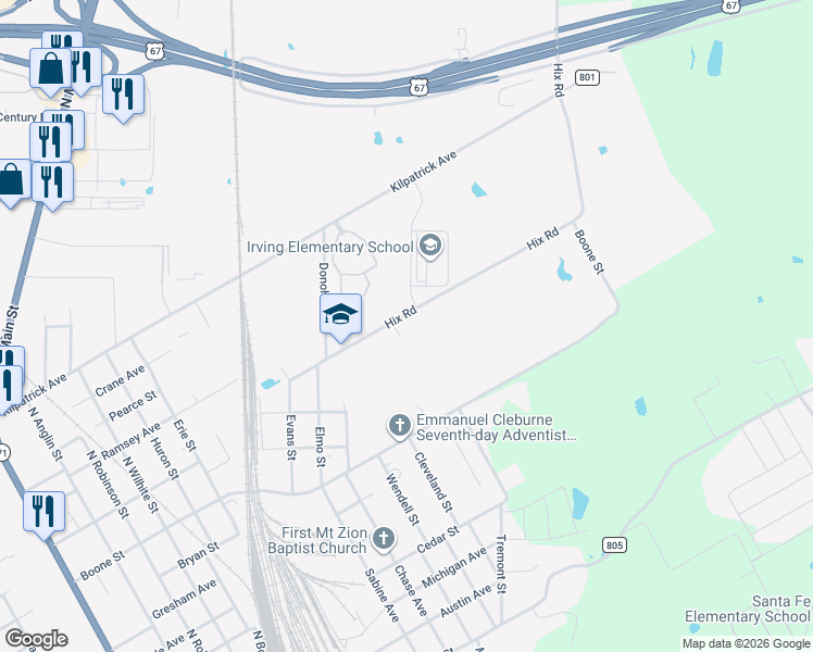 map of restaurants, bars, coffee shops, grocery stores, and more near 220 Hix Road in Cleburne