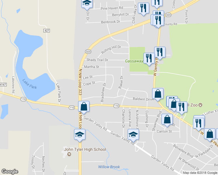 map of restaurants, bars, coffee shops, grocery stores, and more near 2006 Lee Street in Tyler