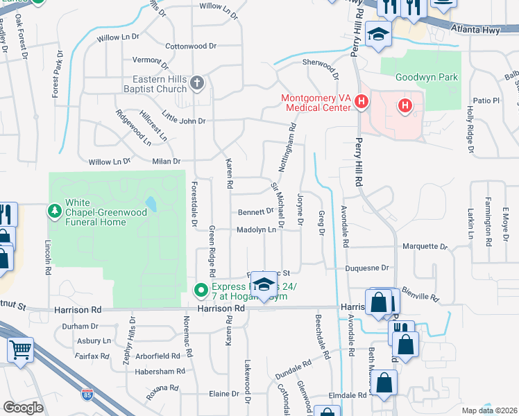 map of restaurants, bars, coffee shops, grocery stores, and more near 3633 Bennett Drive in Montgomery