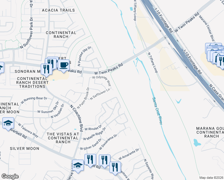 map of restaurants, bars, coffee shops, grocery stores, and more near 7152 West Odyssey Way in Tucson