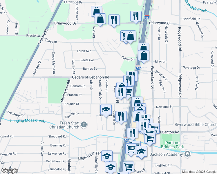 map of restaurants, bars, coffee shops, grocery stores, and more near 5377 Keele Street in Jackson