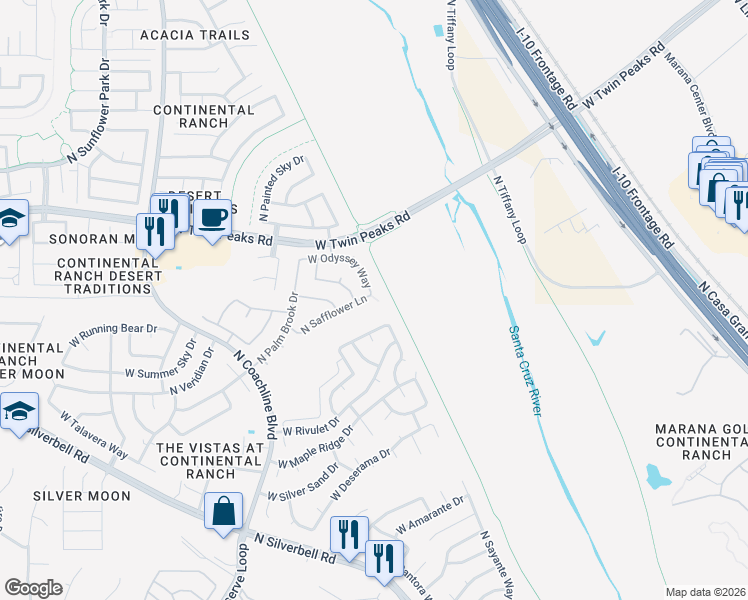 map of restaurants, bars, coffee shops, grocery stores, and more near 7152 West Odyssey Way in Tucson