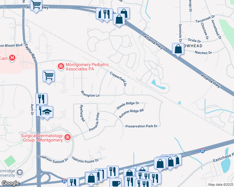 map of restaurants, bars, coffee shops, grocery stores, and more near 7501 Brampton Lane in Montgomery