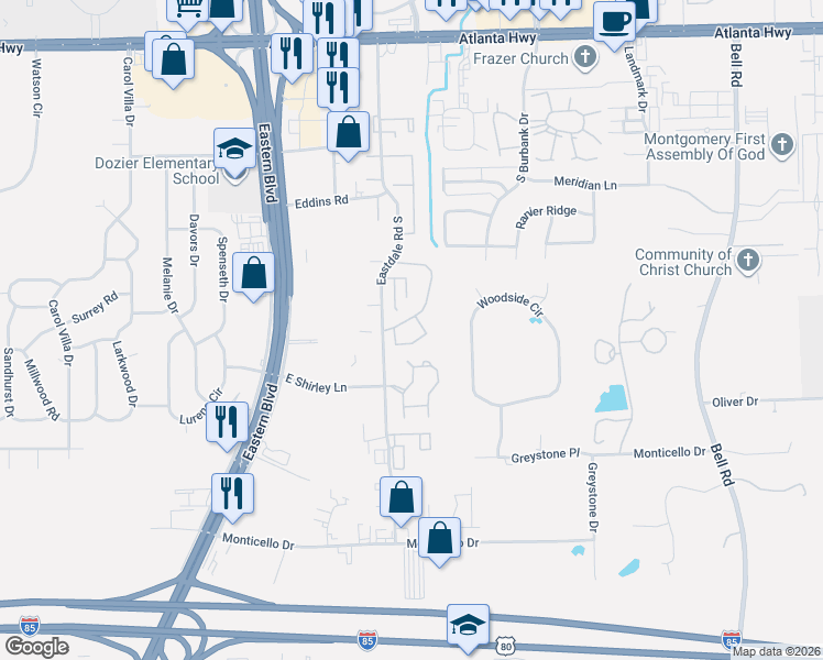 map of restaurants, bars, coffee shops, grocery stores, and more near 500 Eastdale Road South in Montgomery