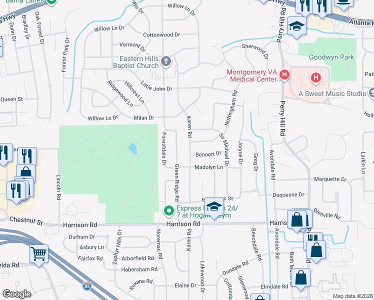 map of restaurants, bars, coffee shops, grocery stores, and more near 720 Karen Road in Montgomery