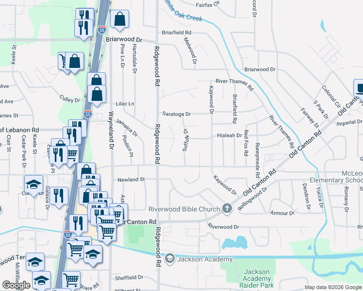 map of restaurants, bars, coffee shops, grocery stores, and more near 5407 Suffolk Drive in Jackson