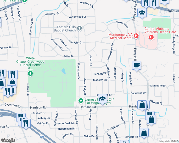 map of restaurants, bars, coffee shops, grocery stores, and more near 720 Karen Road in Montgomery