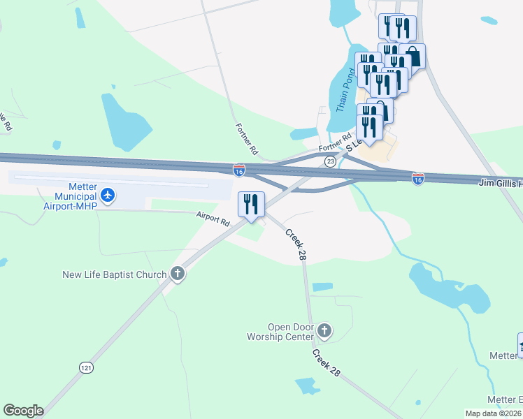 map of restaurants, bars, coffee shops, grocery stores, and more near 32640 Georgia 121 in Metter