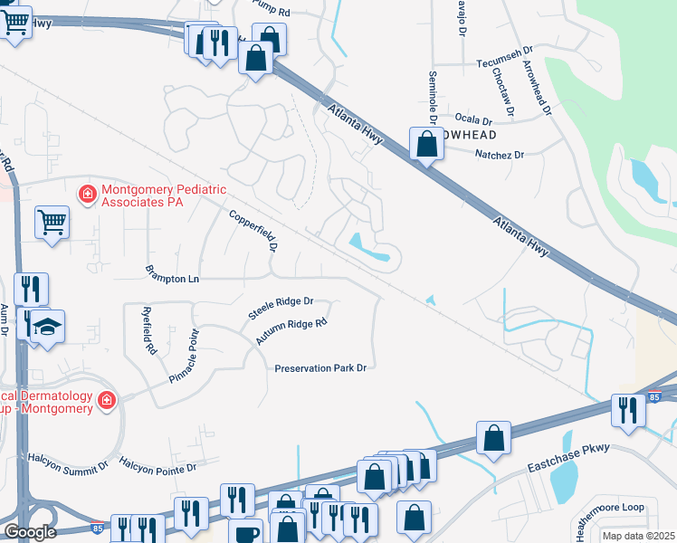 map of restaurants, bars, coffee shops, grocery stores, and more near 8013 Copperfield Drive in Montgomery