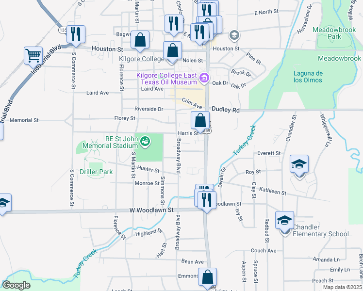 map of restaurants, bars, coffee shops, grocery stores, and more near 1903 Broadway Boulevard in Kilgore