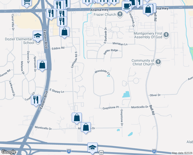 map of restaurants, bars, coffee shops, grocery stores, and more near 5443 Woodside Circle in Montgomery