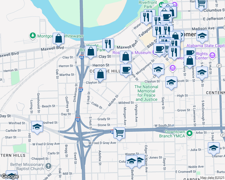 map of restaurants, bars, coffee shops, grocery stores, and more near 501 Clayton Street in Montgomery