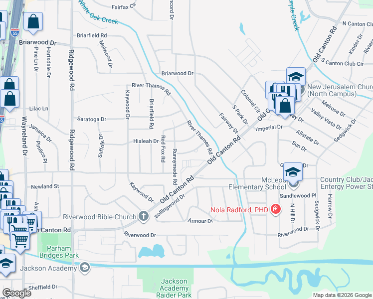 map of restaurants, bars, coffee shops, grocery stores, and more near 5445 Hialeah Drive in Jackson