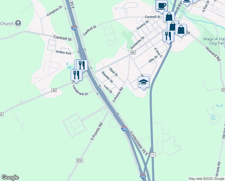 map of restaurants, bars, coffee shops, grocery stores, and more near 213 Lois Street in Waxahachie