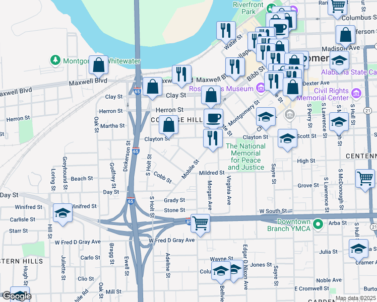 map of restaurants, bars, coffee shops, grocery stores, and more near 501 Clayton Street in Montgomery
