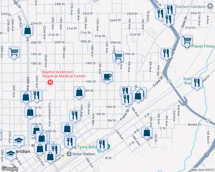 map of restaurants, bars, coffee shops, grocery stores, and more near 1516 12th Avenue in Meridian