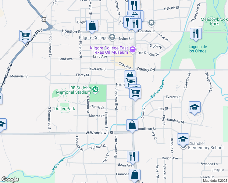 map of restaurants, bars, coffee shops, grocery stores, and more near 1903 Broadway Boulevard in Kilgore