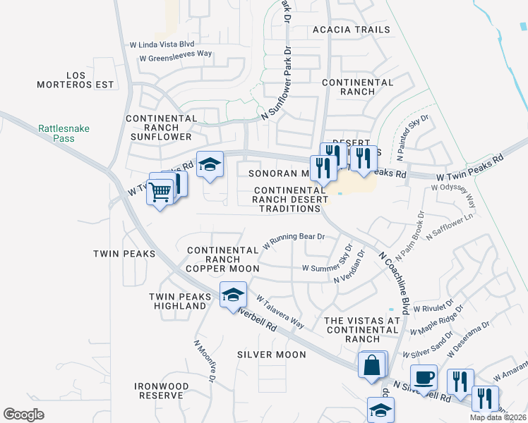 map of restaurants, bars, coffee shops, grocery stores, and more near 9162 North Brave Drive in Tucson