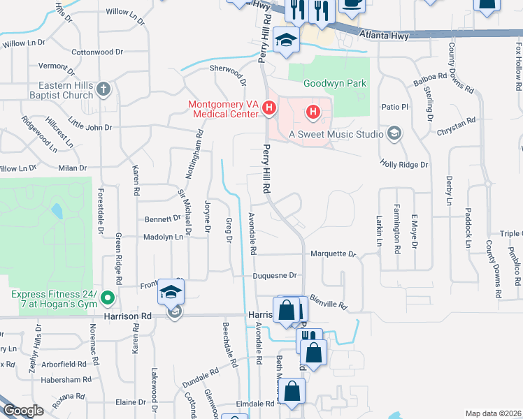 map of restaurants, bars, coffee shops, grocery stores, and more near 3803 Haynes Lane in Montgomery