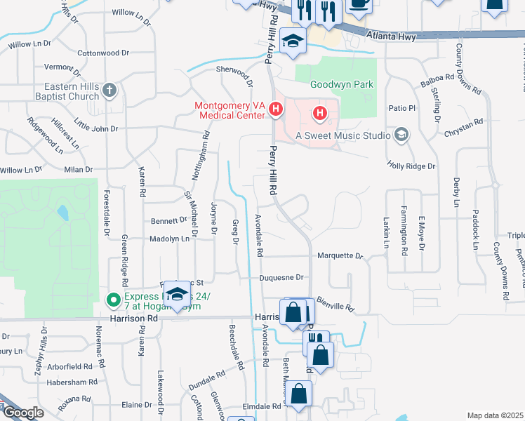 map of restaurants, bars, coffee shops, grocery stores, and more near 3803 Haynes Lane in Montgomery