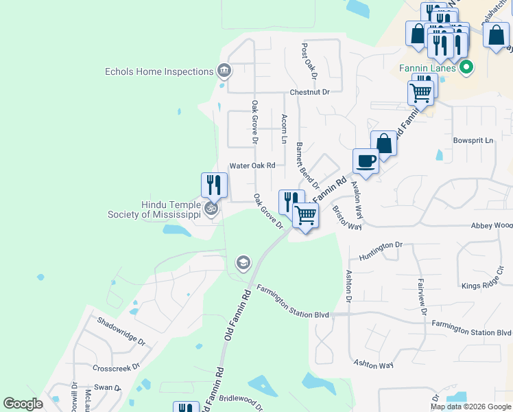 map of restaurants, bars, coffee shops, grocery stores, and more near 214 Oak Brook Drive in Brandon