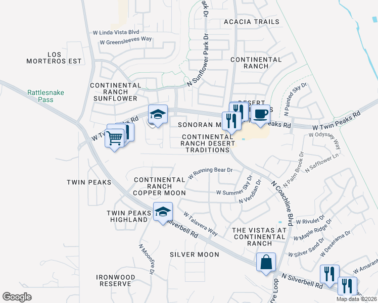 map of restaurants, bars, coffee shops, grocery stores, and more near 9162 North Brave Drive in Tucson