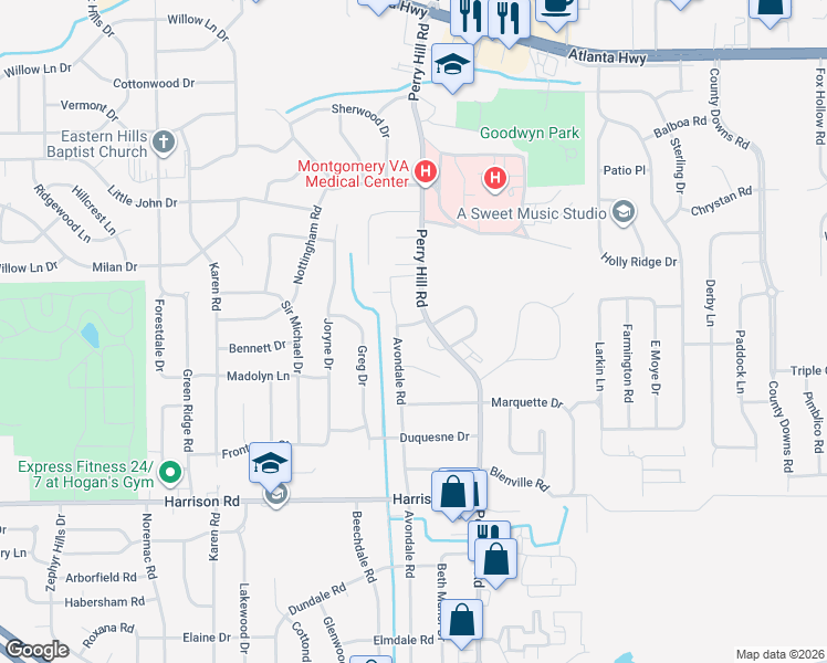 map of restaurants, bars, coffee shops, grocery stores, and more near 3803 Haynes Lane in Montgomery