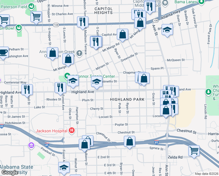 map of restaurants, bars, coffee shops, grocery stores, and more near 2110 Palmetto Street in Montgomery