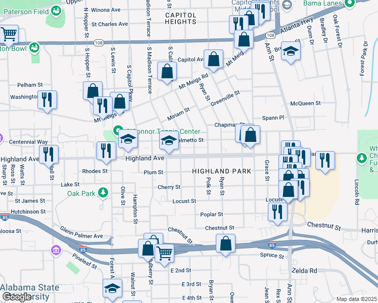 map of restaurants, bars, coffee shops, grocery stores, and more near 2110 Palmetto Street in Montgomery