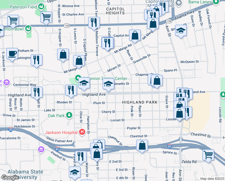 map of restaurants, bars, coffee shops, grocery stores, and more near 609 Boyce Street in Montgomery