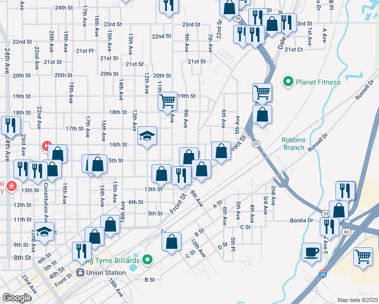 map of restaurants, bars, coffee shops, grocery stores, and more near 1518 9th Avenue in Meridian