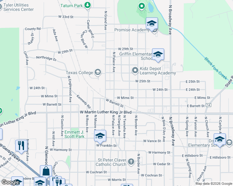 map of restaurants, bars, coffee shops, grocery stores, and more near 924 West 24th Street in Tyler