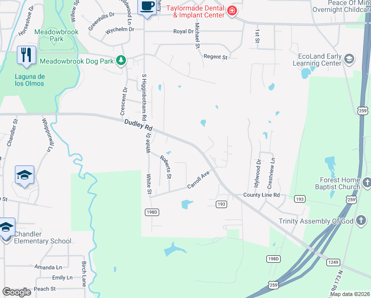 map of restaurants, bars, coffee shops, grocery stores, and more near 3004 Dudley Road in Kilgore