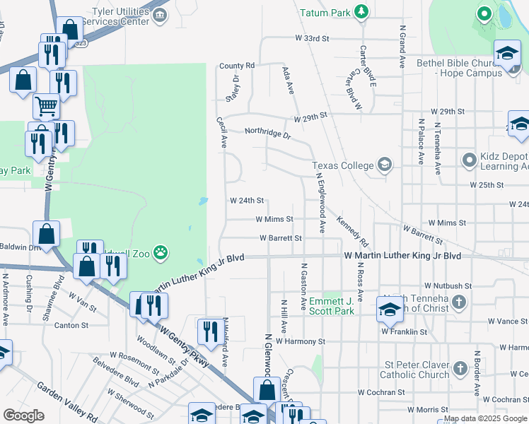 map of restaurants, bars, coffee shops, grocery stores, and more near 1632 West 24th Street in Tyler