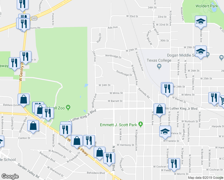 map of restaurants, bars, coffee shops, grocery stores, and more near 2206 North Fenton Avenue in Tyler