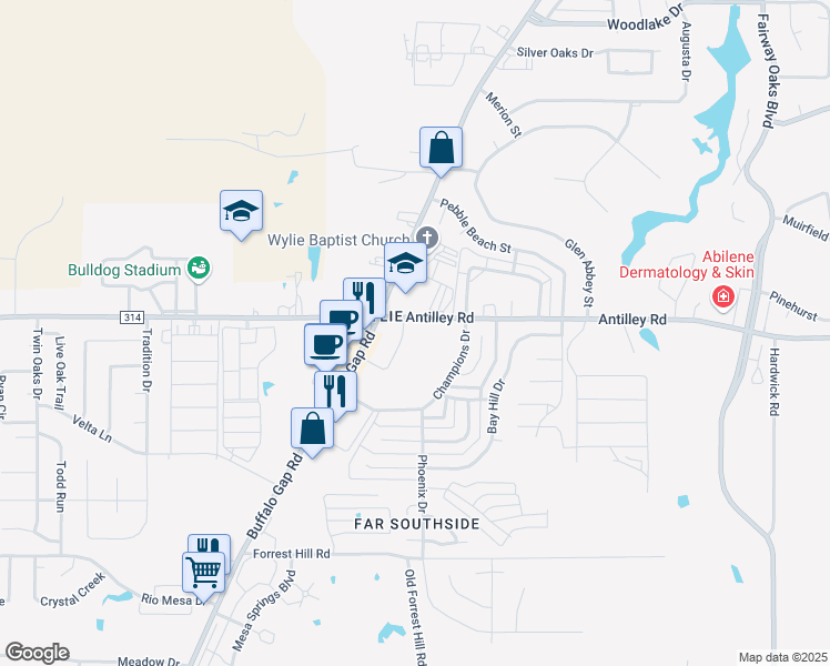 map of restaurants, bars, coffee shops, grocery stores, and more near 3849 Antilley Road in Abilene