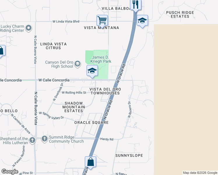 map of restaurants, bars, coffee shops, grocery stores, and more near 40 East Calle Concordia in Oro Valley