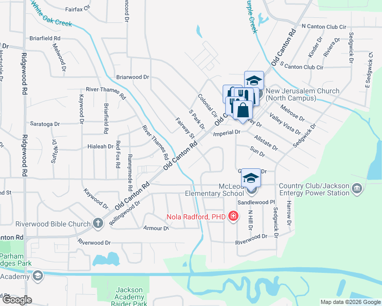 map of restaurants, bars, coffee shops, grocery stores, and more near 1305 Woodcrest Drive in Jackson
