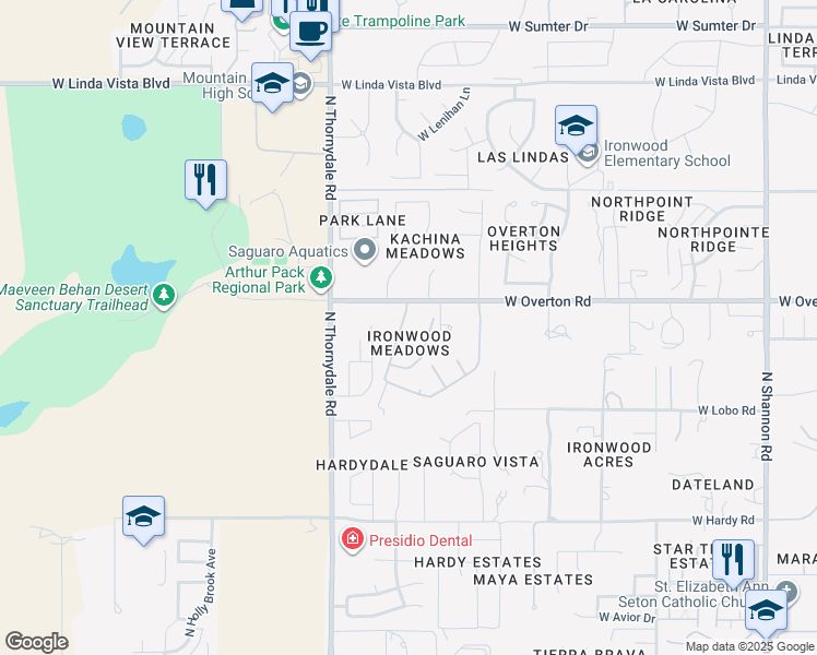 map of restaurants, bars, coffee shops, grocery stores, and more near 9180 North Ironwood Meadows Drive in Tucson